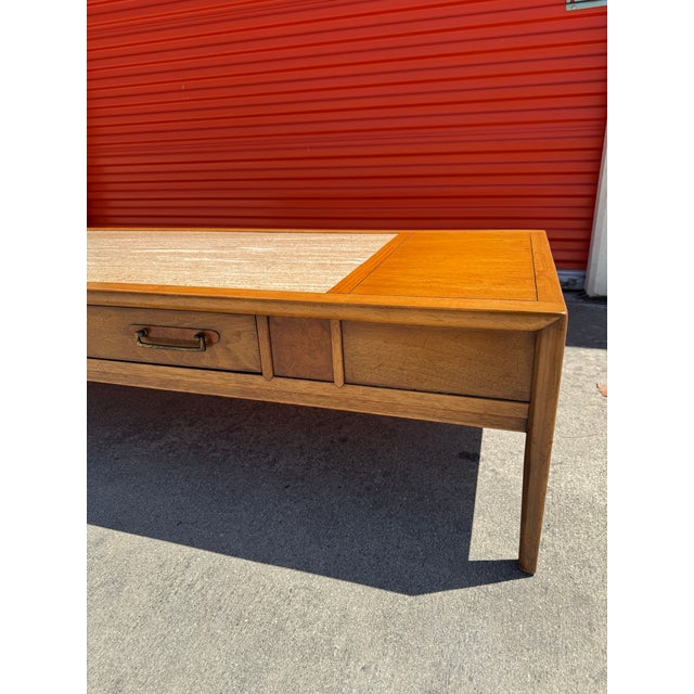 Drexel Vintage Drexel Walnut & Travertine Coffee Table For Sale - Image 4 of 12