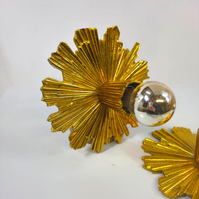 Mid-Century Hollywood Regency Gilded Sunburst Wall Sconces, 1950s, Set of 2, in Very Good conditions. Designed 1950 to...