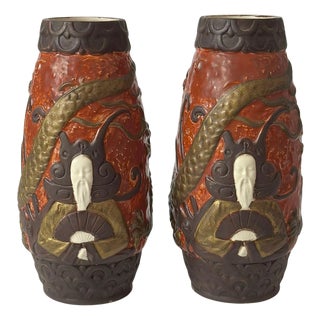 Art Nouveau Ceramic Vases with Gold Dragon Motifs by BB Hohenstein, 1960, Set of 2 For Sale