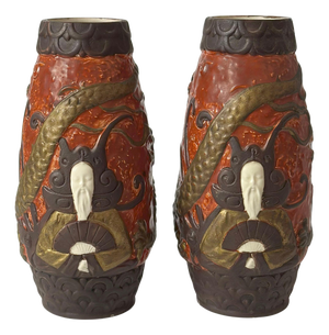 Art Nouveau Ceramic Vases with Gold Dragon Motifs by BB Hohenstein, 1960, Set of 2