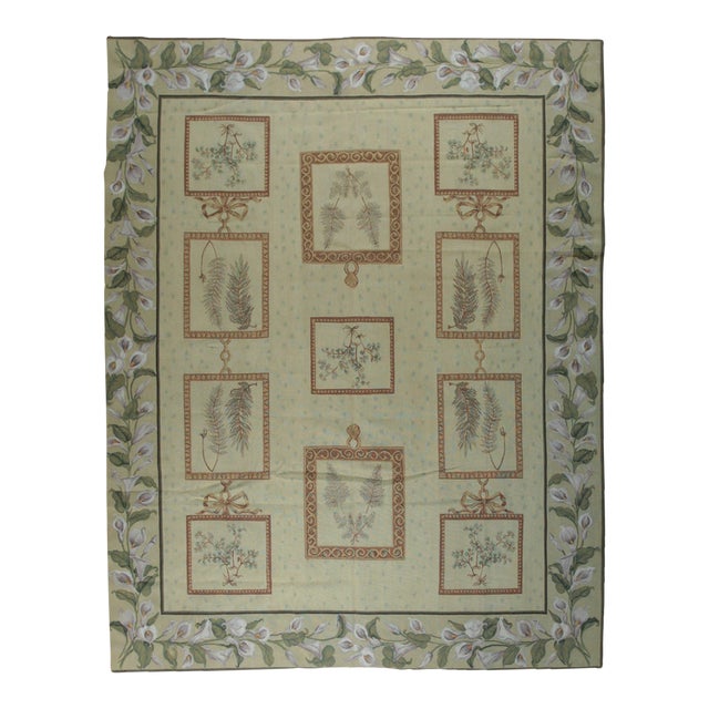 8x10 Vintage Aubusson Flat Weave Wool Rug, Ivory Botanical Panel For Sale