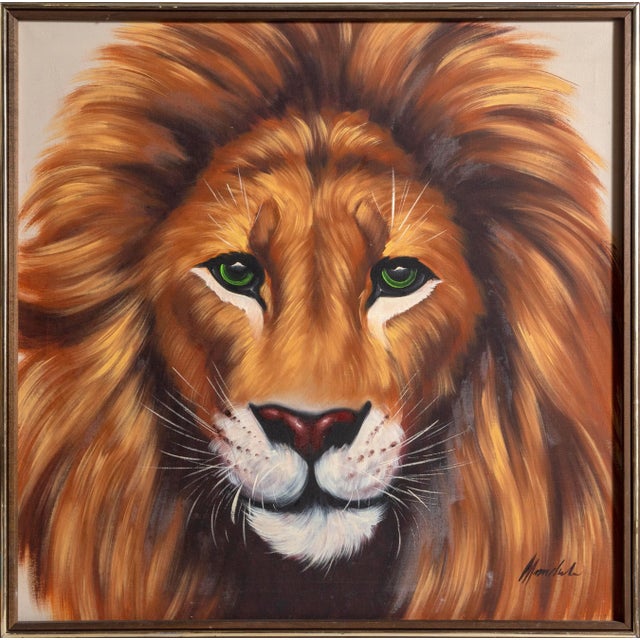 1980s Lion, Unknown Artist Oil on Canvas, Signed "mondale?" Lower Right For Sale - Image 5 of 5