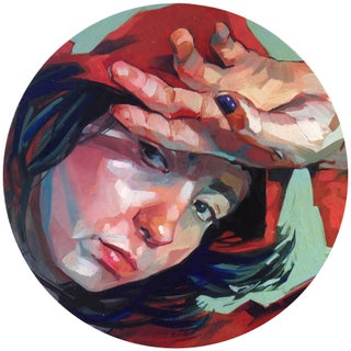 Captured Moment 3 by Ale Casanova | Oil on panel Portrait of a woman in a red hoodie. For Sale