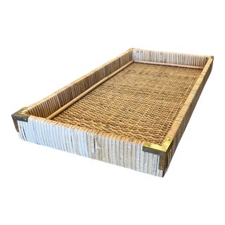 Medium Rattan Tray With Brass Corners For Sale