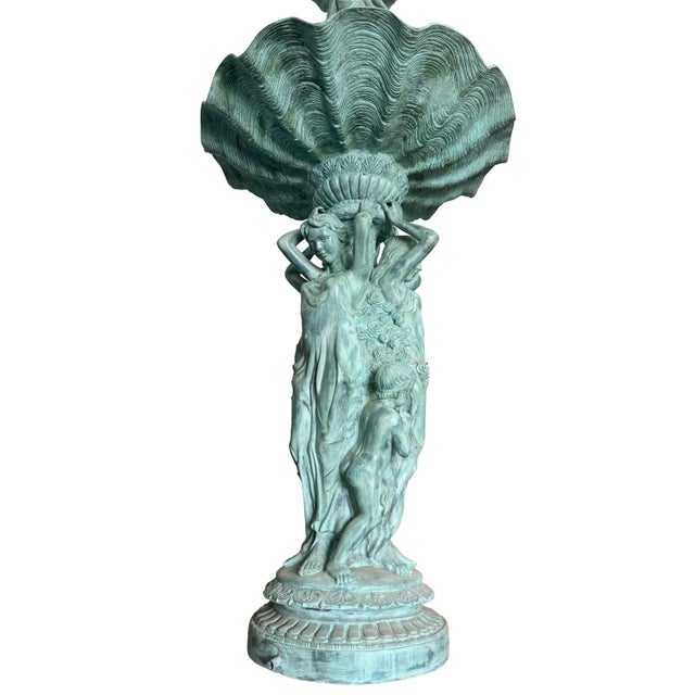 Neoclassical Monumental Classical Tiered Fountain With Shell Basins – Verdigris Patina – 11 Ft Tall For Sale - Image 3 of 10