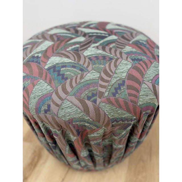 Vintage Postmodern Purple Green Ottoman Leaf Pattern Retro Accent Pouf For Sale In Tampa - Image 6 of 9