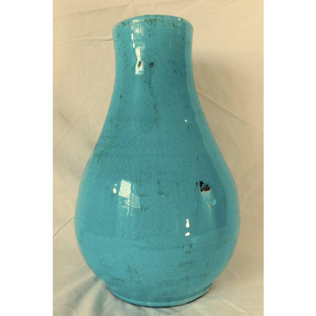 Vintage Artisan Blue Crackle Stoneware Vase With Roses For Sale In West Palm - Image 6 of 9
