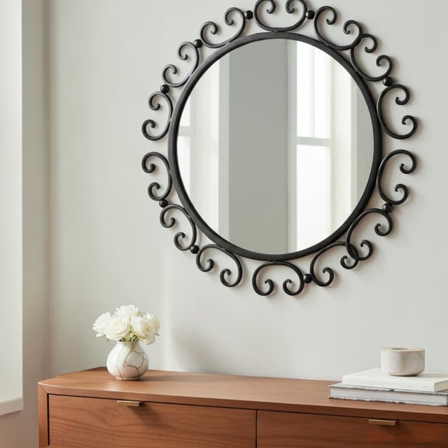 Rustic 1960s Rustic Black Wrought Iron Round Scrollwork Sunburst Wall Mirror For Sale - Image 3 of 7