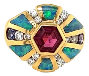 Kabana Diamond Fire Opal Tourmaline Iolite 14k Yellow Gold Ring - Size 6