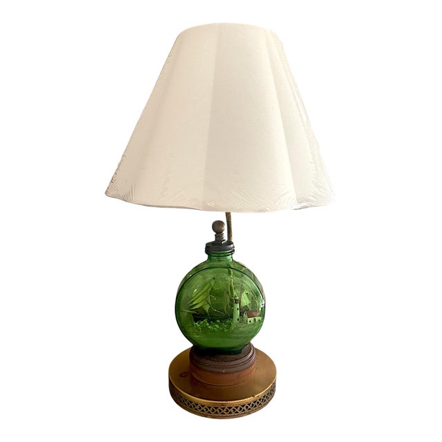 Vintage Nautical Ship in a Bottle Table Lamp With Green Glass Maritime Diorama For Sale