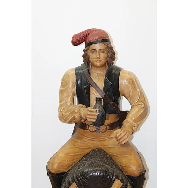 Figurative Large Black Forest-Type Figure Astride a Wine/Beer Barrel in Carved & Painted Wood For Sale - Image 3 of 7
