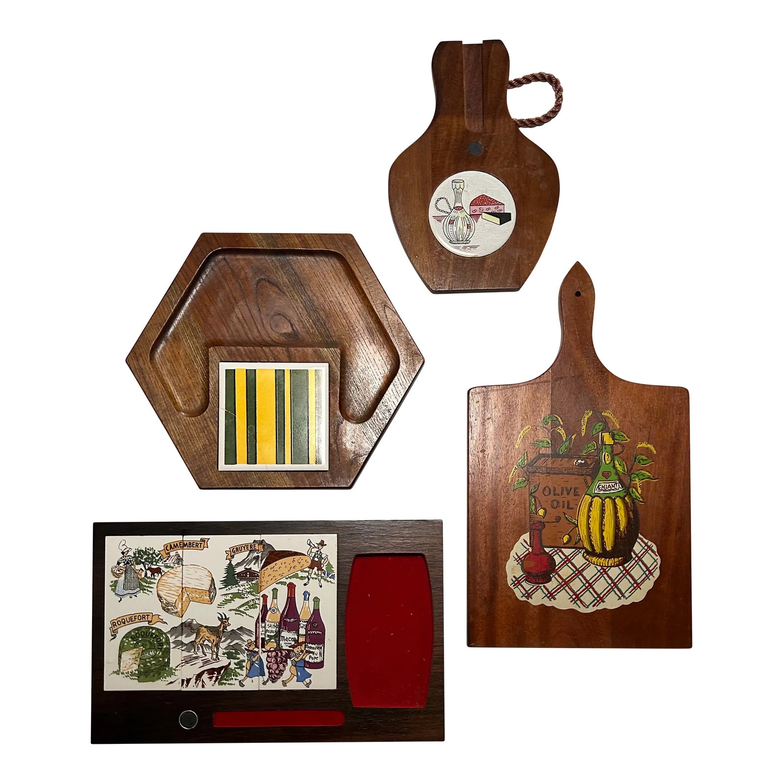 Mid 20th Century French Wood and Tile Charcuterie Boards Set of 4