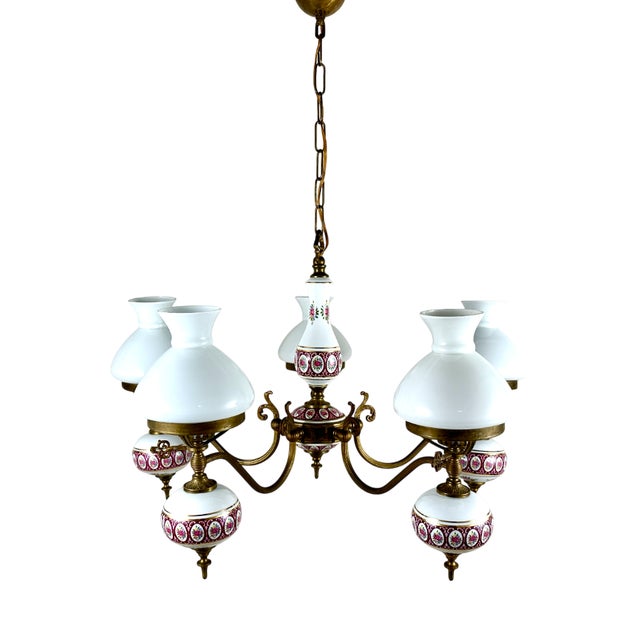 Vintage Chandelier in Porcelain and Brass, 1970s For Sale
