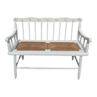 Vintage Hand Painted Folk Art Spindle Back Rush Seat Bench Settee For Sale