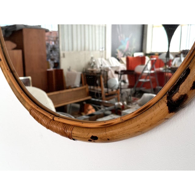 Wood Large Italian Organic Designer Wall Mirror in Rattan and Bamboo, 1960s For Sale - Image 7 of 13
