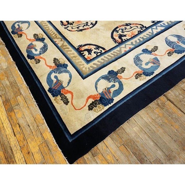 1920s Ivory and Blue Dragon Roundels Antique Chinese Baotou Room Size Rug For Sale In New York - Image 6 of 10