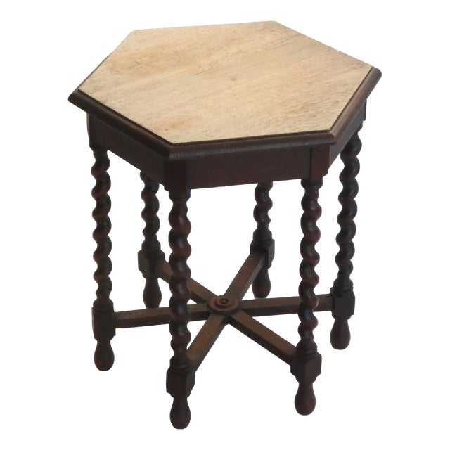 Hexagonal Antique Wooden Barley Twist Table, 1920s For Sale