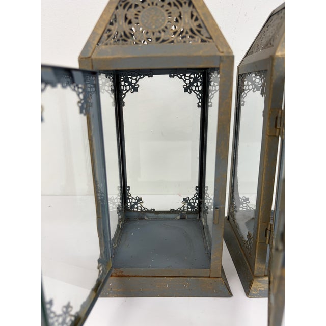Pair of Metal Lanterns With Glass Panels For Sale - Image 9 of 9