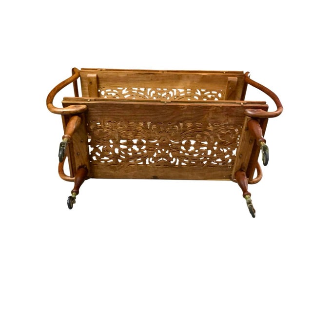Late 20th Century Tea Cart Hand-Carved Wood Floral Design With Glass Top Vintage Asian Style For Sale - Image 10 of 10