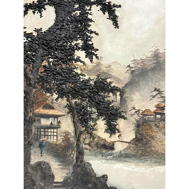 Japanese Rare Antique 19th. Century Edo Japanese Lake and Landscape Signed 'Relief' Paintings on Board, Lacquer Frames, a Pair For Sale - Image 3 of 12