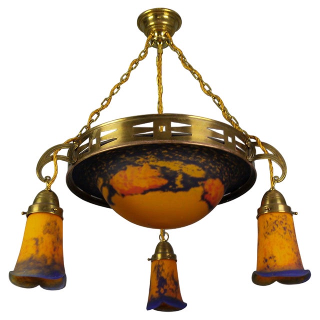 Art Nouveau French Brass Chandelier with Pâte De Verre Glass by Noverdy, 1920s For Sale