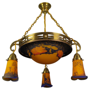 rt Nouveau French Brass Chandelier with Pâte De Verre Glass by Noverdy, 1920s