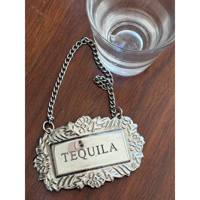 Mid 20th Century Mid 20th Century Ornate Silver-Tone “Tequila” Decanter Label With Chain For Sale - Image 5 of 6