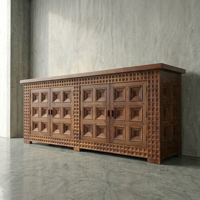 Spanish Solid Wood Brutalist Sideboard, 1960s For Sale - Image 4 of 5
