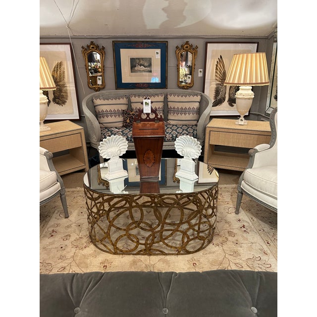 Stunning pair of William Sonoma Home night stands or end tables having natural grasscloth covering and finished with...