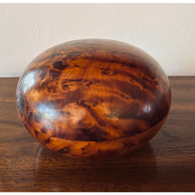 1970’s artesian hand turned burled wood covered bowl. 7.5” wide, 5.75" tall. Smells really good.