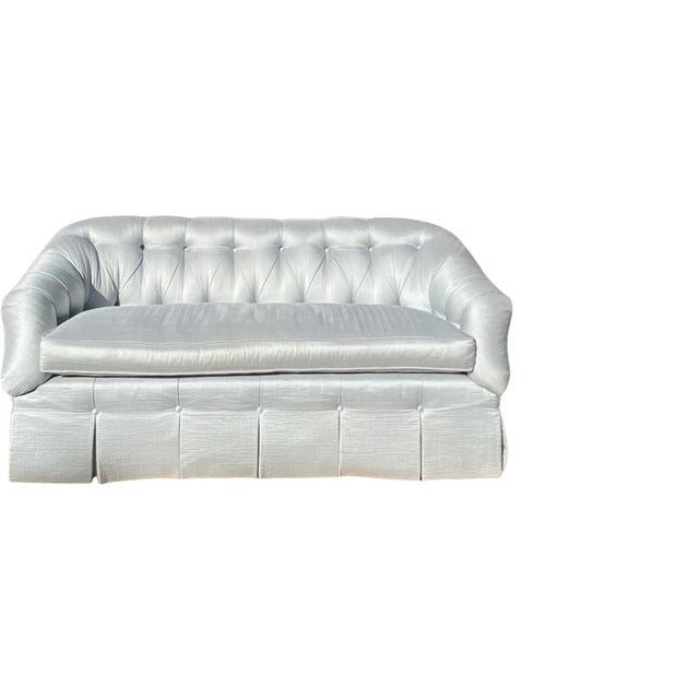 Custom Blue Tufted Sofa With Pleated Skirt For Sale - Image 15 of 15