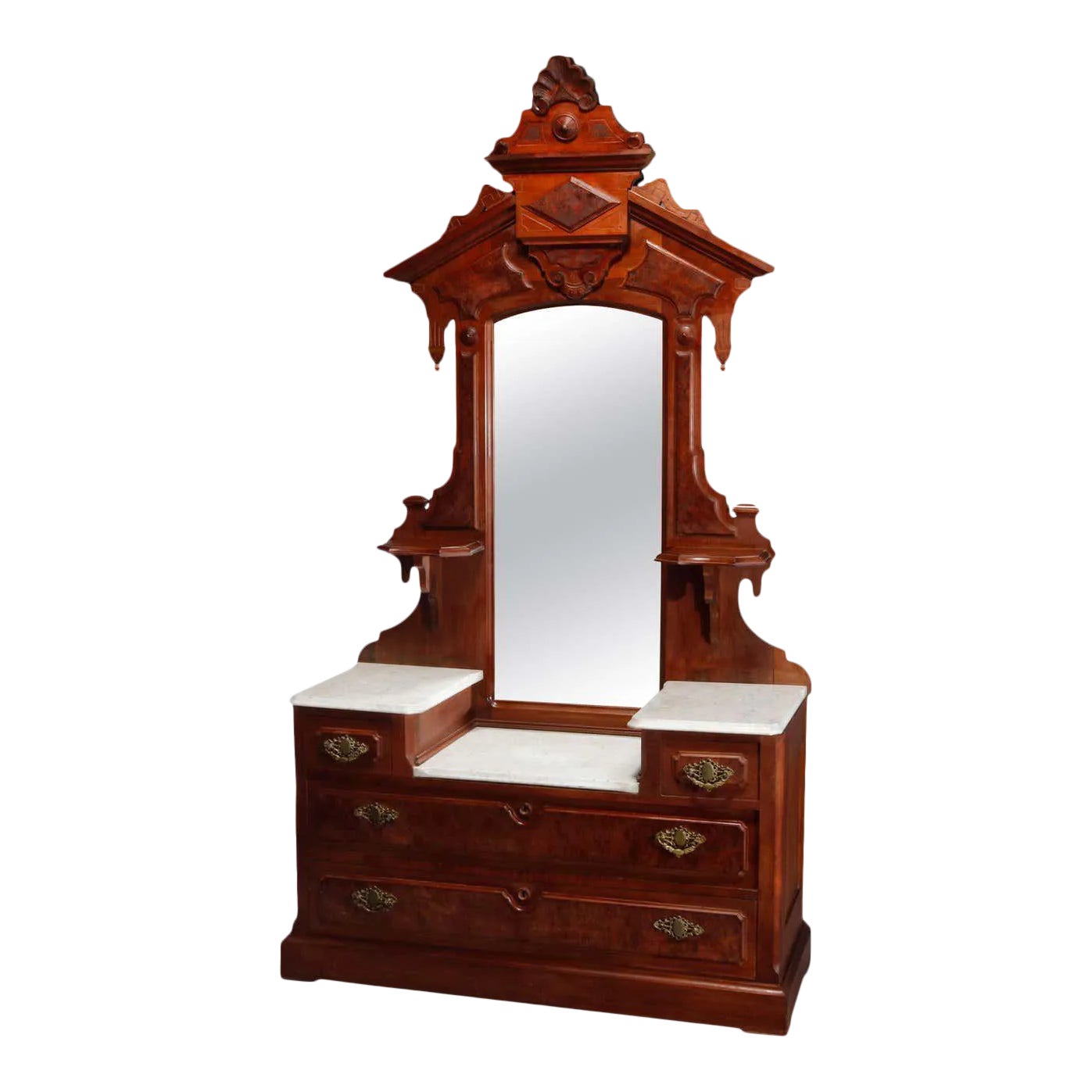 Renaissance Revival Walnut Burl & Ma Drop Center Mirrored Dresser