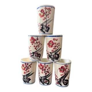 Vintage Japanese Ceramic Juice Glasses Cherry Blossom - Set of 6 For Sale