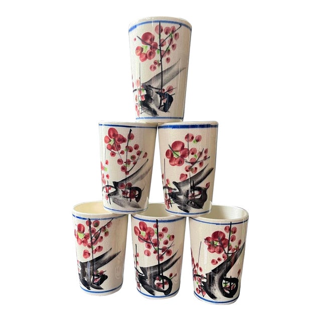 Vintage Japanese Ceramic Juice Glasses Cherry Blossom - Set of 6 For Sale