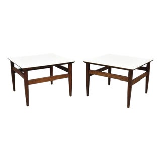 Vintage Mid Century Modern Walnut Base Laminate Top Low Side Tables - A Pair For Sale