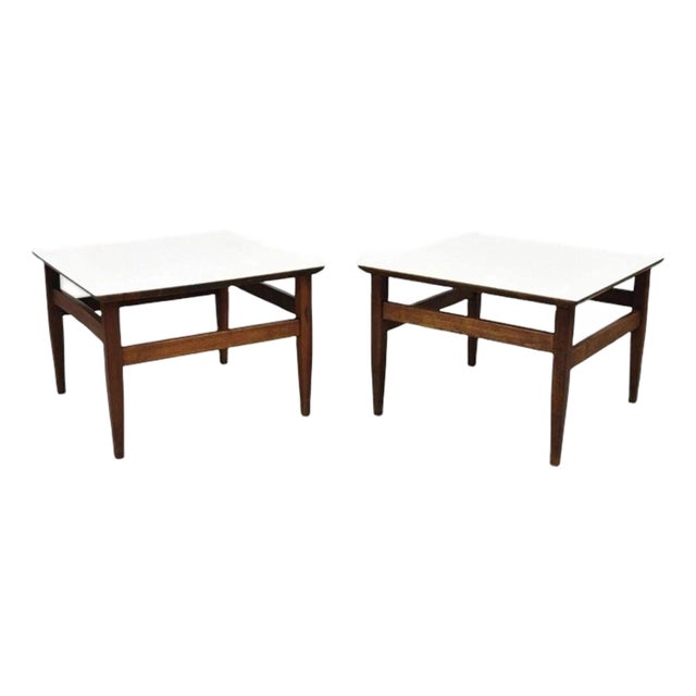 Vintage Mid Century Modern Walnut Base Laminate Top Low Side Tables - A Pair For Sale