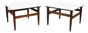 Vintage Mid Century Modern Walnut Base Laminate Top Low Side Tables - A Pair