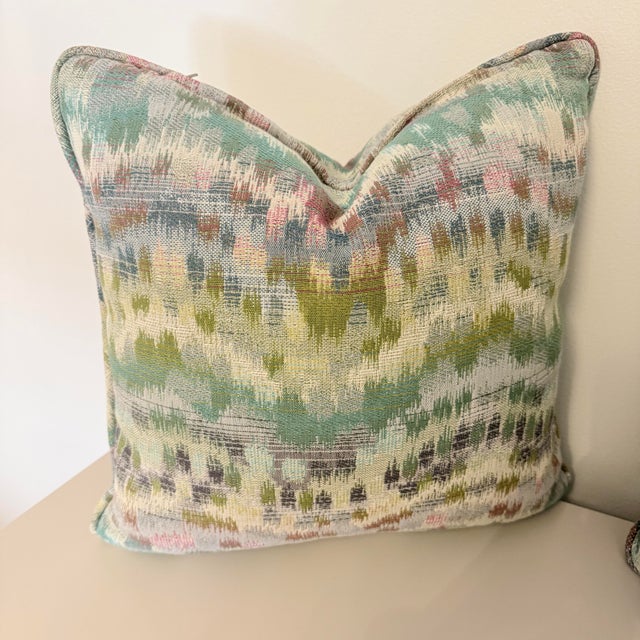 Contemporary Decorative Throw Pillows in Robert Allen Watercolor Ikat Jacquard Fabric, a Pair For Sale - Image 3 of 9