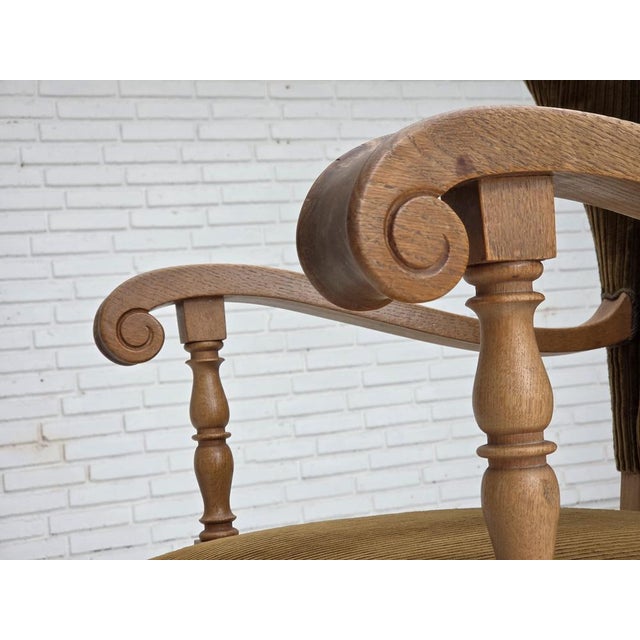 Scandinavian Wingback in Corduroy and Carved Oak, 1970s For Sale - Image 10 of 18