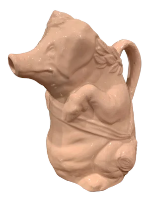 19th Century French Hand Painted Ceramic Barbotine Pig Pitcher Signed Onnaing