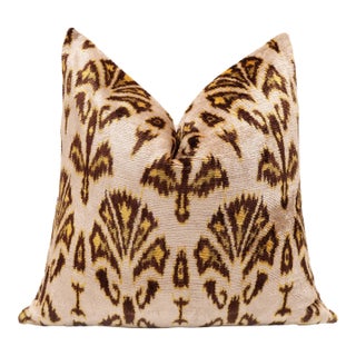 Luxury Gold & Espresso Silk Velvet Throw Pillow 20x20 | Handmade Designer Ikat Cushion For Sale