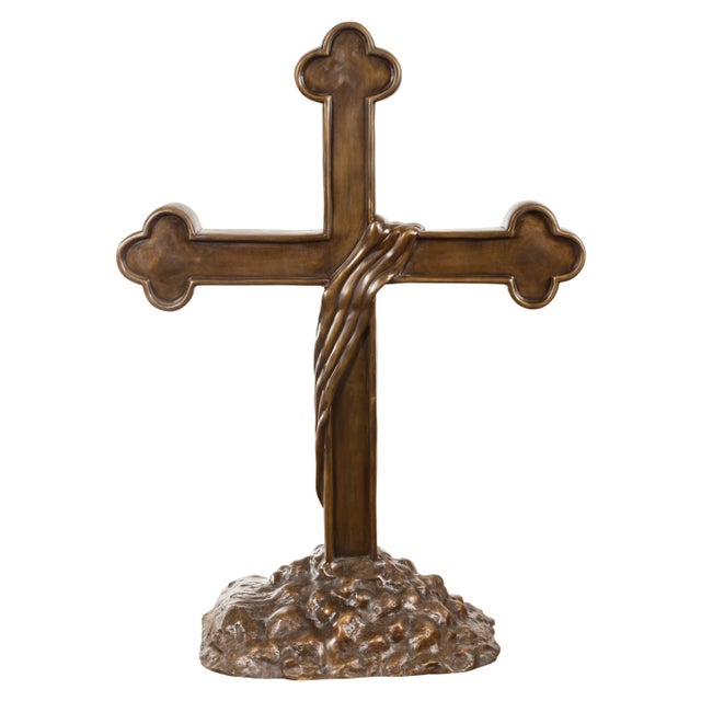 Contemporary Bronze Religious Cross with Trifold Extremities and Rocky Base For Sale - Image 12 of 12