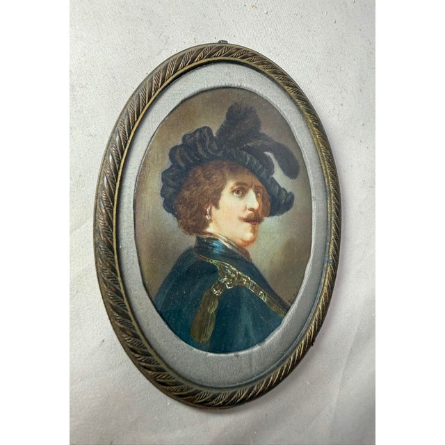 19th Century Antique 1800's Original Hand Painted Miniature Rembrandt Portrait Bronze Framed For Sale - Image 5 of 9