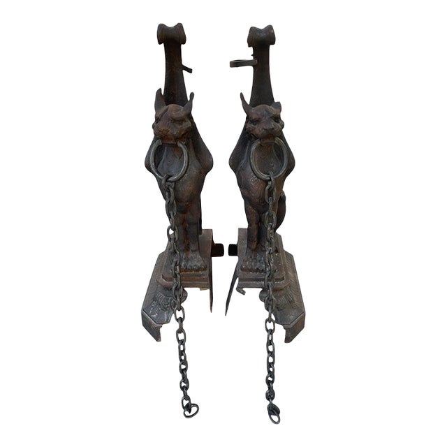 Pair of Antique 19th Century French Cast Iron Fireplace Andirons–Mythical Creatures With Chains For Sale