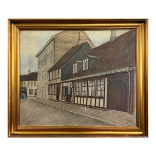 Antique Danish Folk Art Cityscape Study of a Street, Signed For Sale