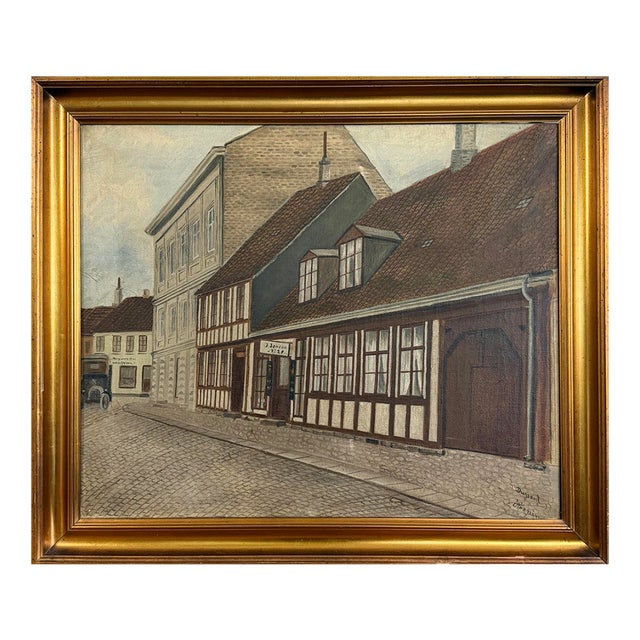 Antique Danish Folk Art Cityscape Study of a Street, Signed For Sale