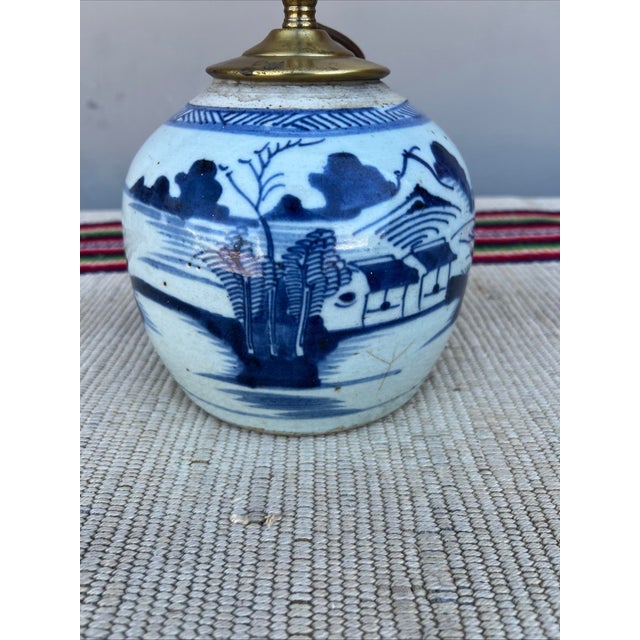Antique Chinese Blue & White Ginger Jar Table Lamp with Chinoiserie Landscape A beautifully proportioned antique Chinese...