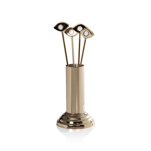 Transitional Evil Eye 4-Piece Set Cocktail Picks with Stand- Gold For Sale - Image 3 of 3