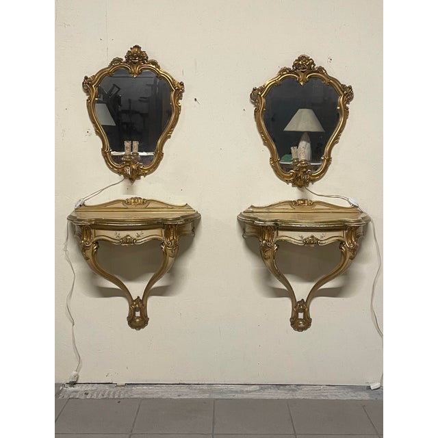 Wall-Mounted Console Tables with Mirrors and Wall Lamps, 1940s, Set of 4 For Sale - Image 13 of 18