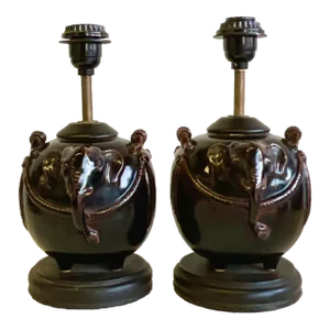 Vintage Glazed Ceramic Elephant Lamps - a Pair